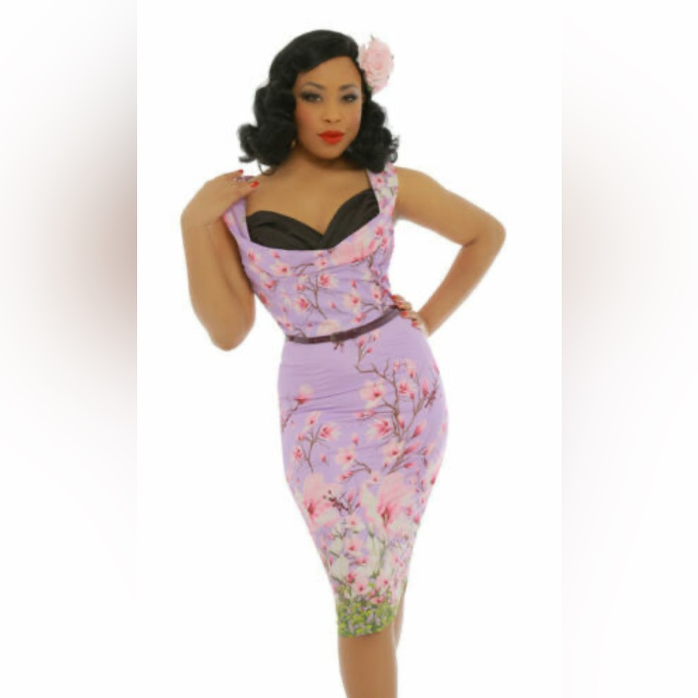 Lindy Bop Lilac Blossom Pencil Skirt with Brown Belt